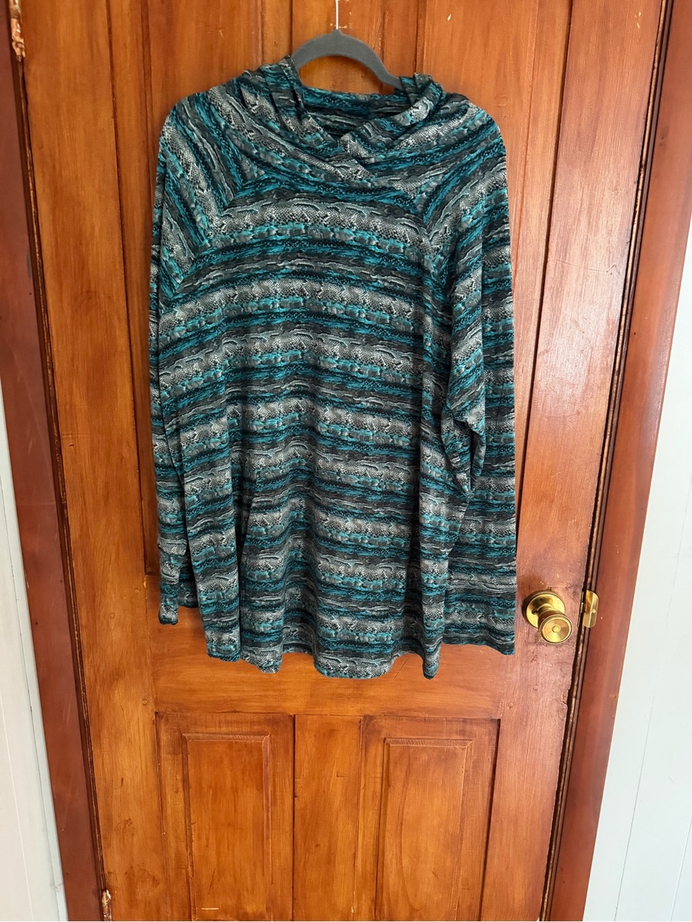 LuLaRoe Teal and Gray Striped Cowl Neck Sweater